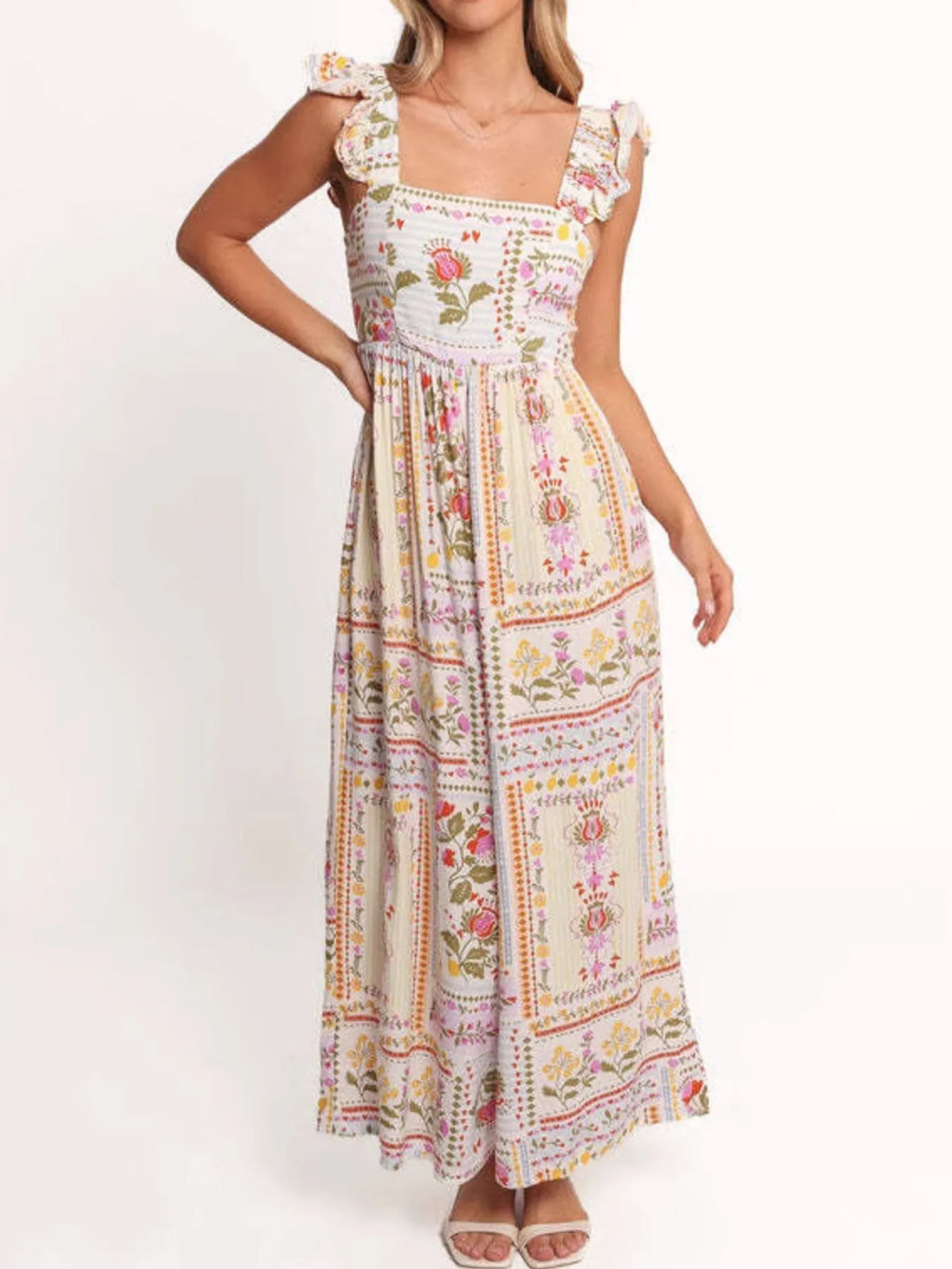 Floral Tile Print Square Neck Ruffle Strap Wide Leg Jumpsuit