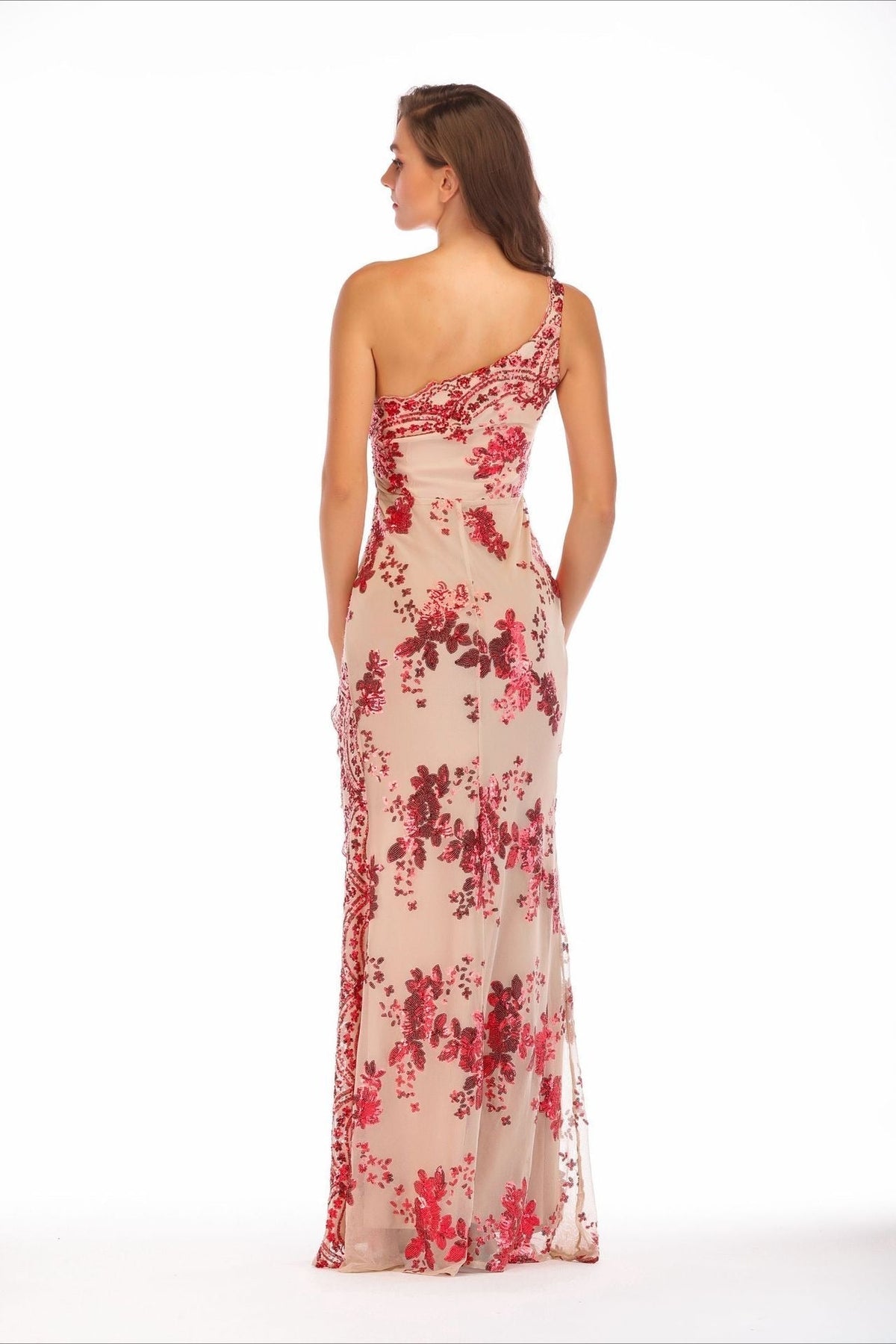 Sequin One Shoulder Sheer Mesh High Split Maxi Gown - View 7