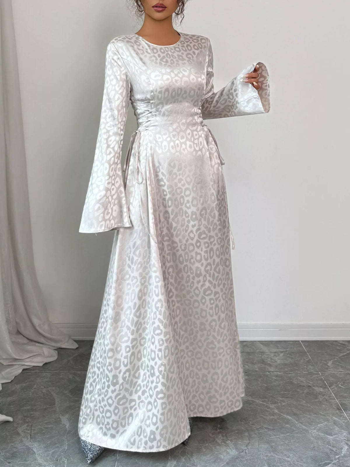 Leopard Lace Up Long Sleeve Maxi Dress