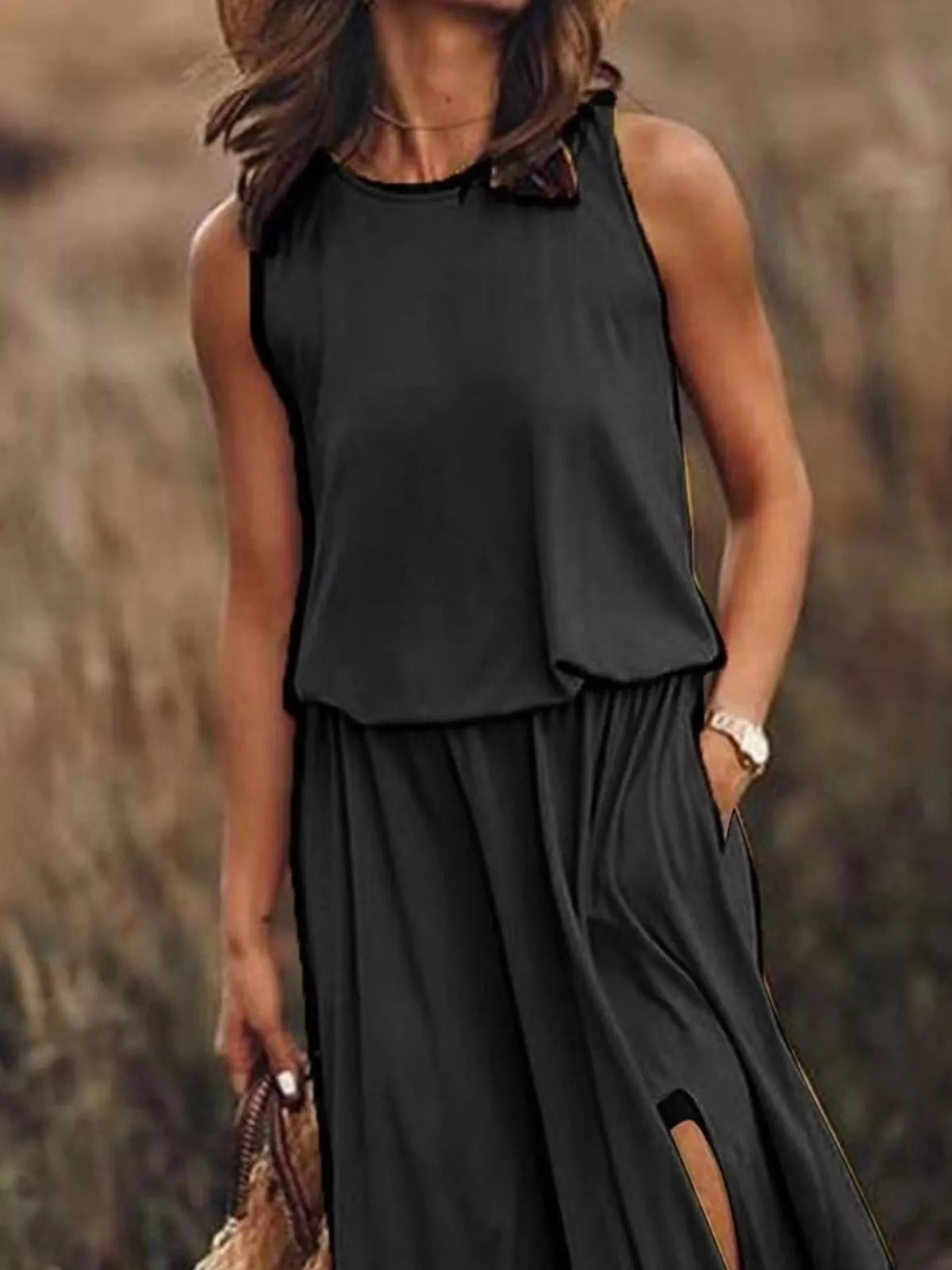 Round Neck Sleeveless Slit Maxi Dress