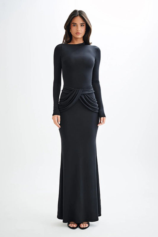 Crew Neck Long Sleeve Draped Tie Waist Bodycon Maxi Dress 5
