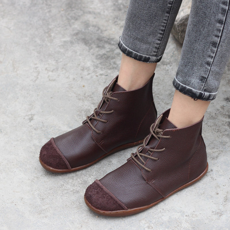 Nubuck Leather Ankle Booties Handmade Low-Heel Mori Girl Shoes Boots Coffee