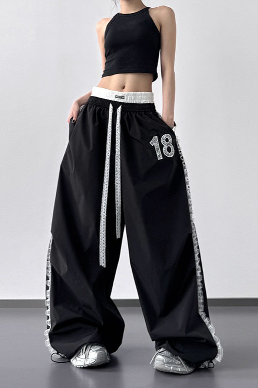 Double Waistband Lace Trim Number Patch Wide Leg Track Pants 3