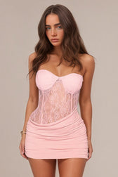 Sheer Lace Cup Backless Ruched Bodycon Lace Dress