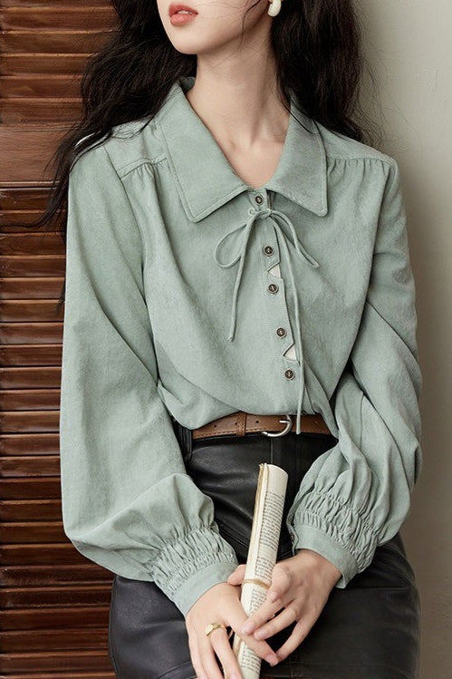 Collared Lace Up Front Long Sleeve Smocked Cuff Button Blouse 2