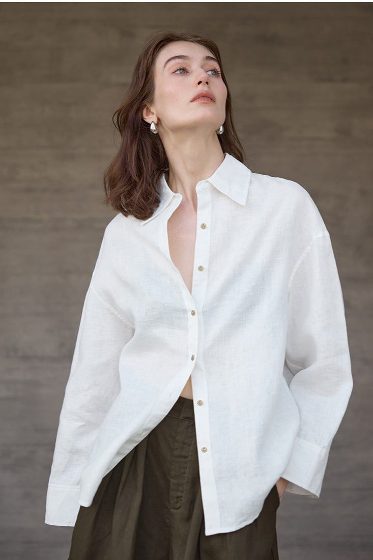 Linen Look Collared Drop Shoulder Wide Sleeve Relaxed Shirt 2
