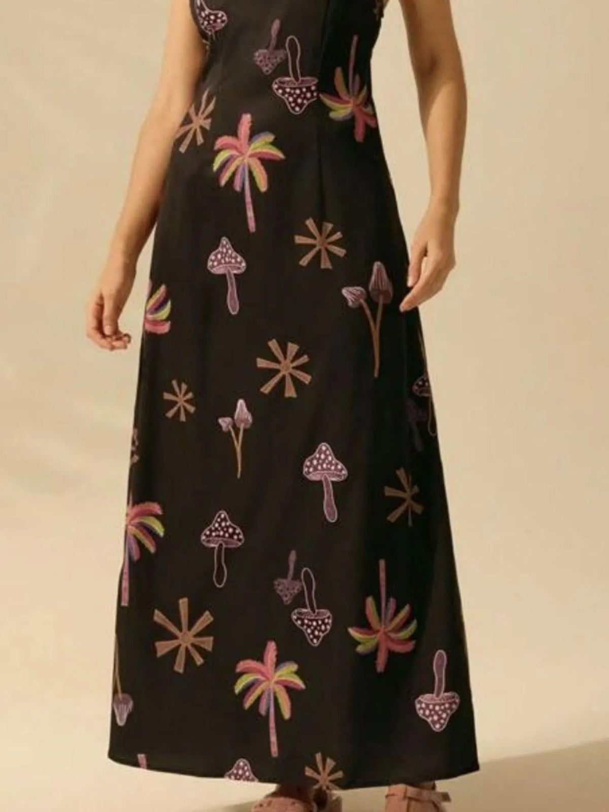Palm Leaf Print Halter Neck Sleeveless A-Line Maxi Dress 9