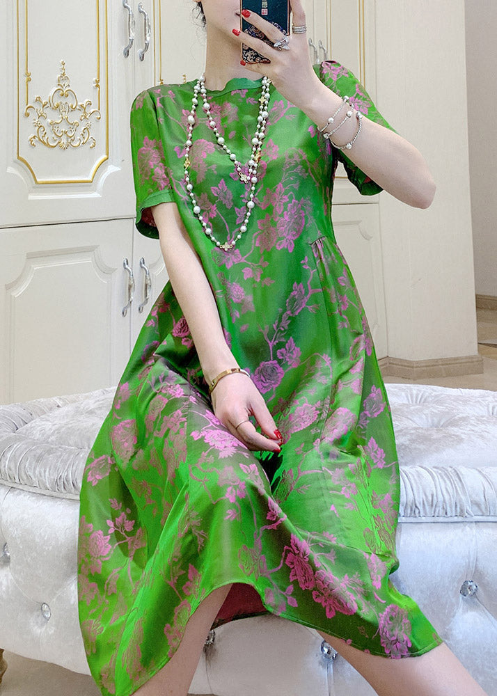 Floral Jacquard Round Neck Short Sleeve Pleated Waist Midi Dress