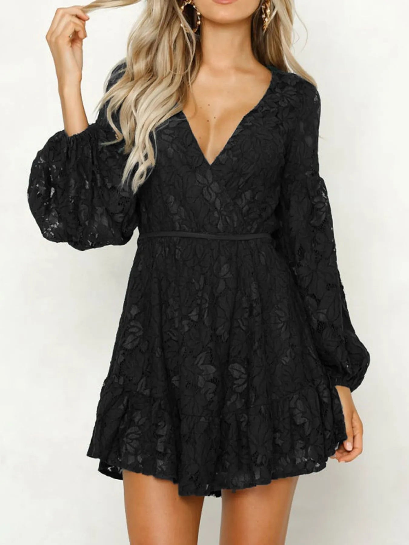 Petra Exclusive Chic Long Sleeved Lace Mini Dress with Deep V Neckline Designer Edit