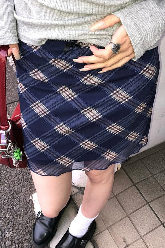 Plaid Mesh Overlay Lettuce Hem A-Line Mini Skirt 2