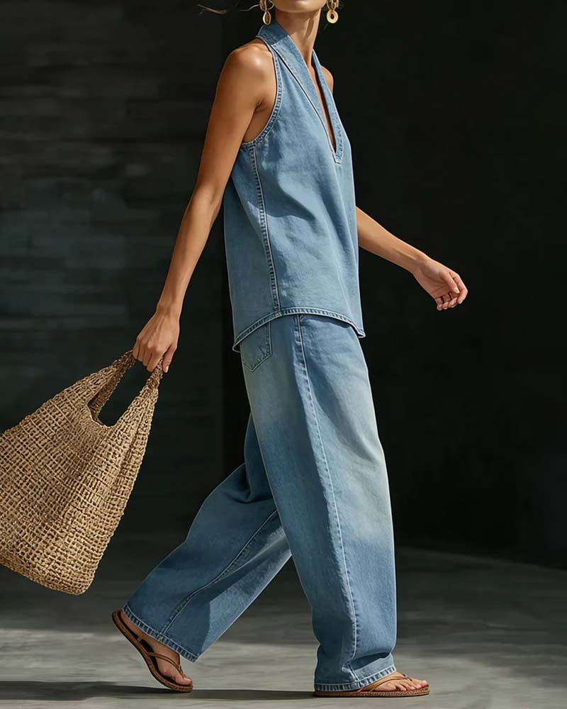 Denim Look Halter Deep V-Neck Top and Wide Leg Pants Two Piece Set
