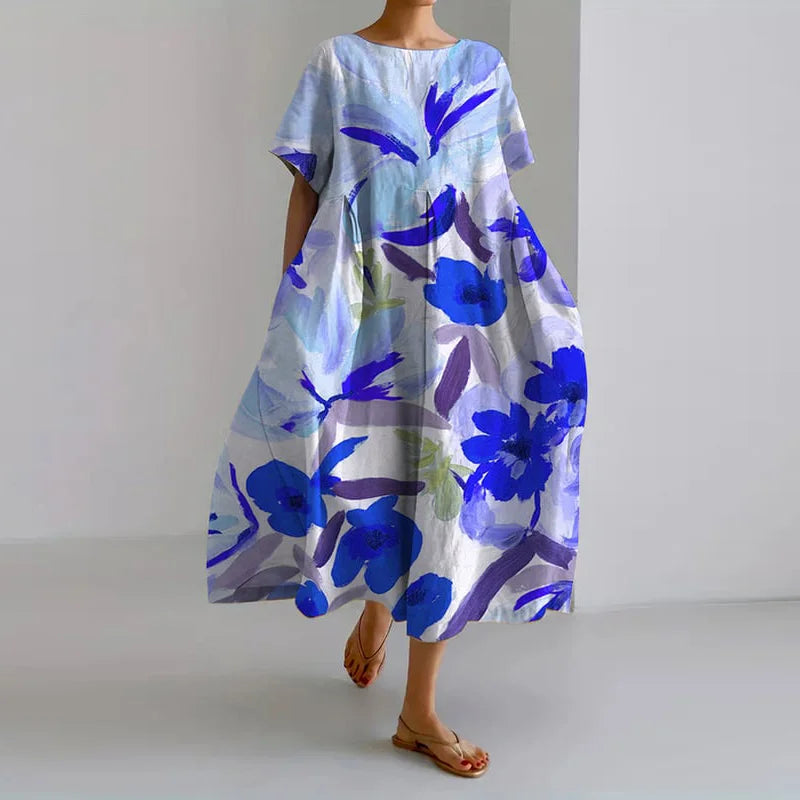 Floral Print Round Neck Short Sleeve Midi Dress