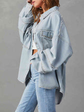 Long Raw Down Arm Denim Top Hem Button Jacket