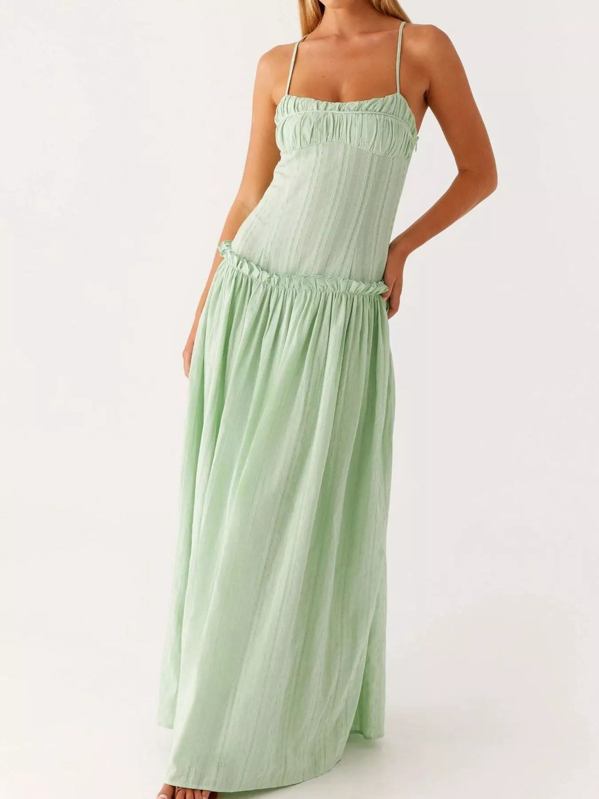 Ruched Bust Drop Waist Ruffle Trim Cami Maxi Dress 7