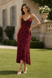 Sleeveless V Neck Lace Panel Long Fitted Floral Dress