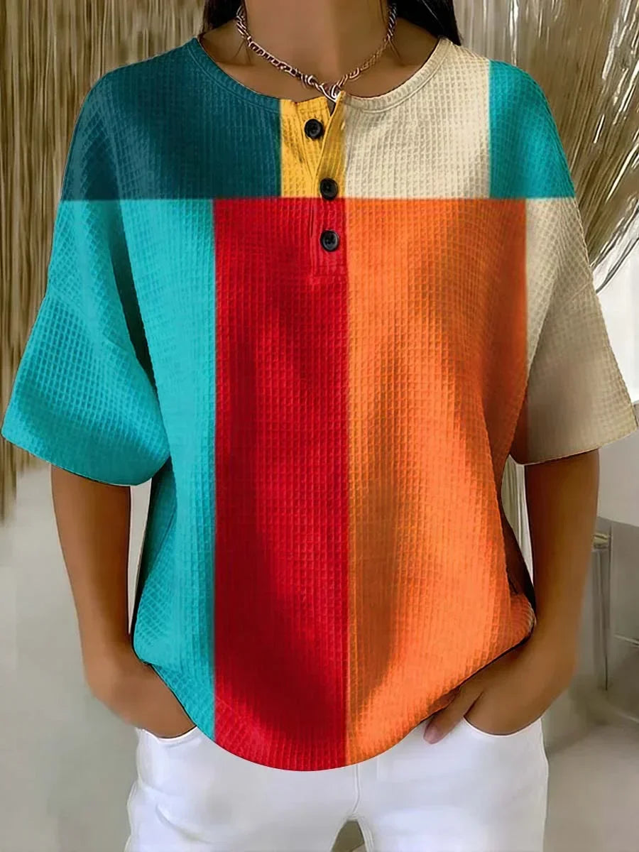 Geometric Color Block Waffle Knit Henley Top