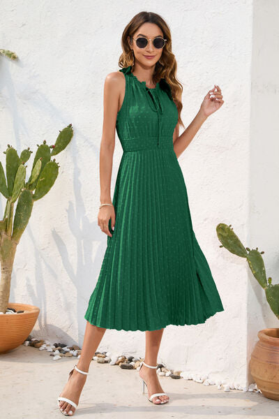 Swiss Dot Tie Neck Sleeveless Dress Green