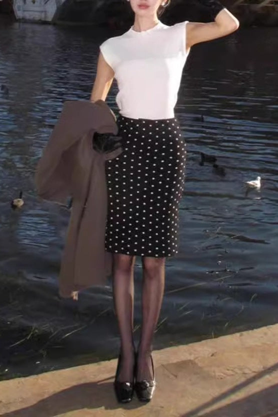 Polka Dot Knit Bodycon Midi Skirt