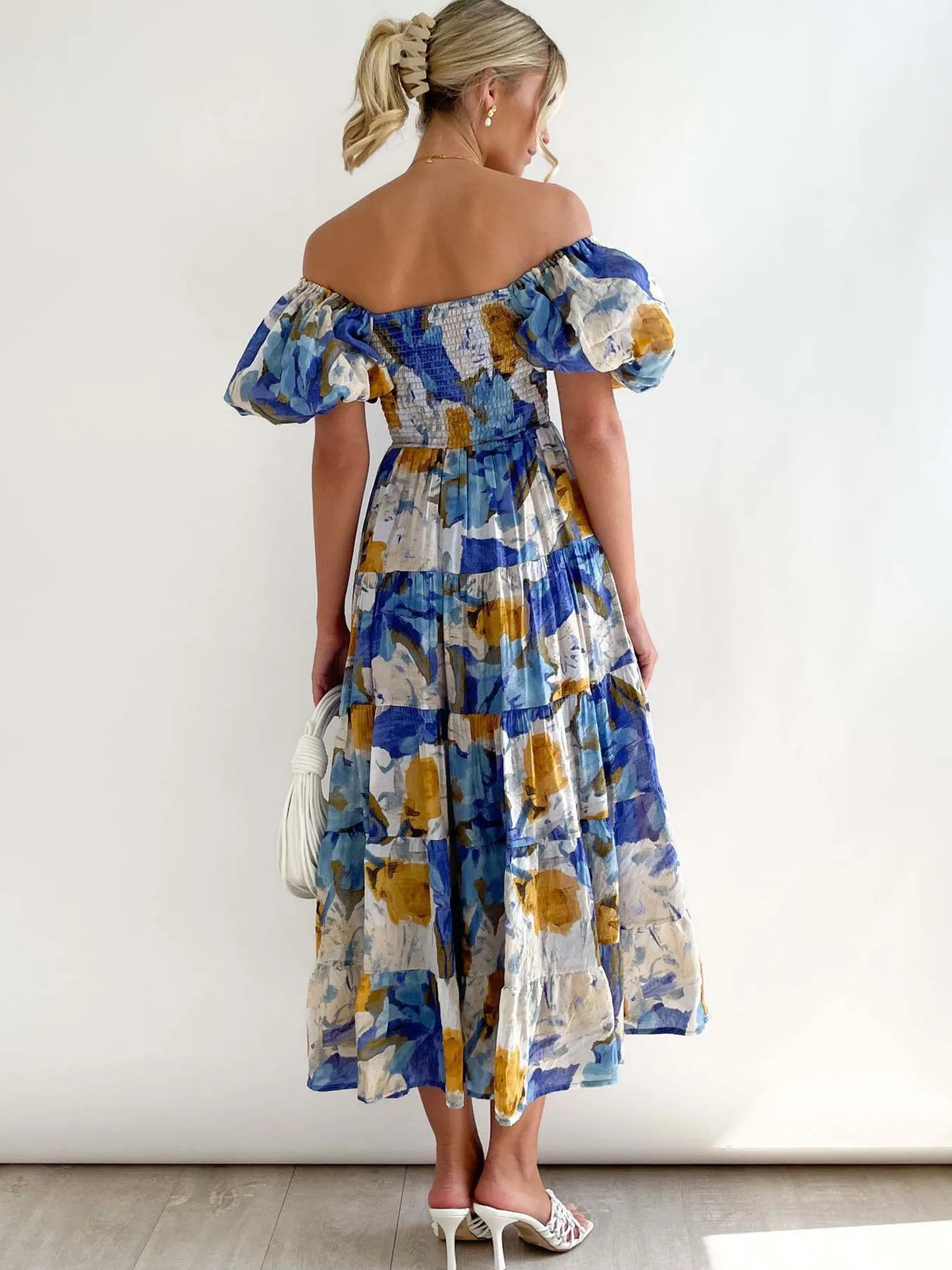 Floral Off Shoulder Smocked Puff Sleeve Tiered Maxi Dress 10