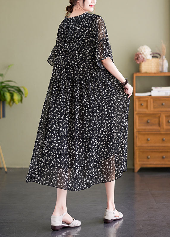 Floral Print V-Neck Flared Sleeve Gathered Waist Flowy Midi Dress