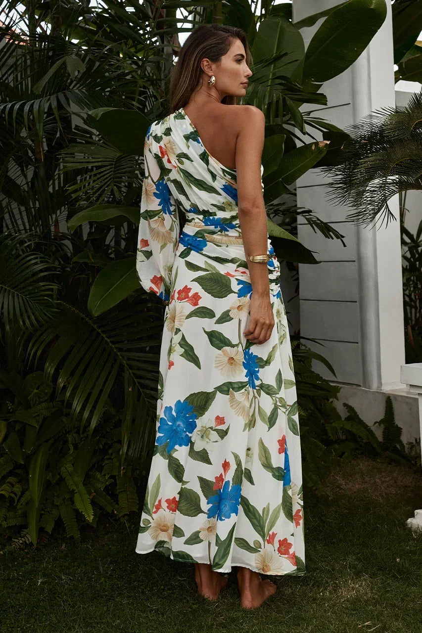 Floral Print One Shoulder Long Sleeve Ruched Waist Maxi Dress 2