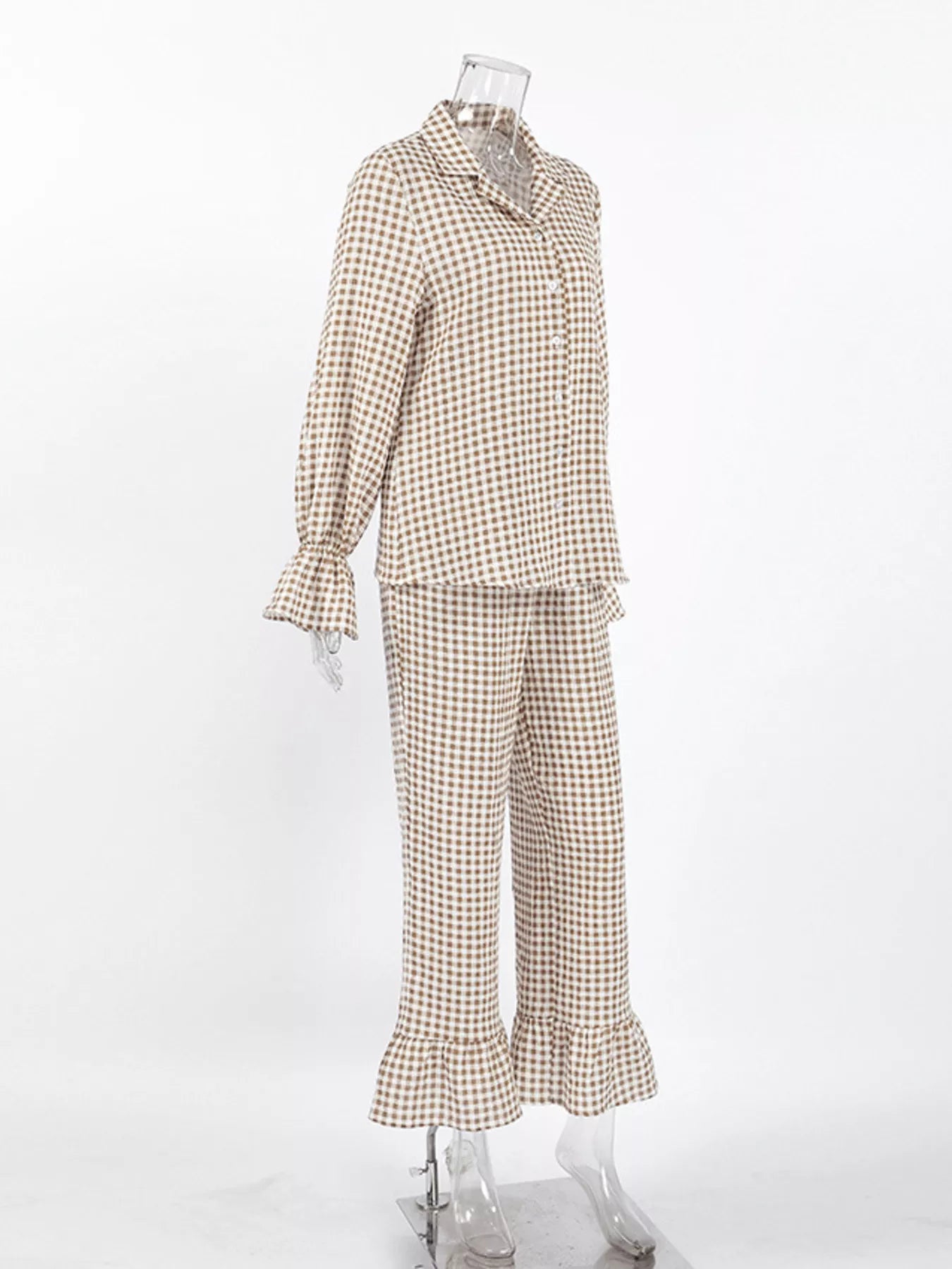 Gingham Ruffle-Trim Top and Pants Lounge Set