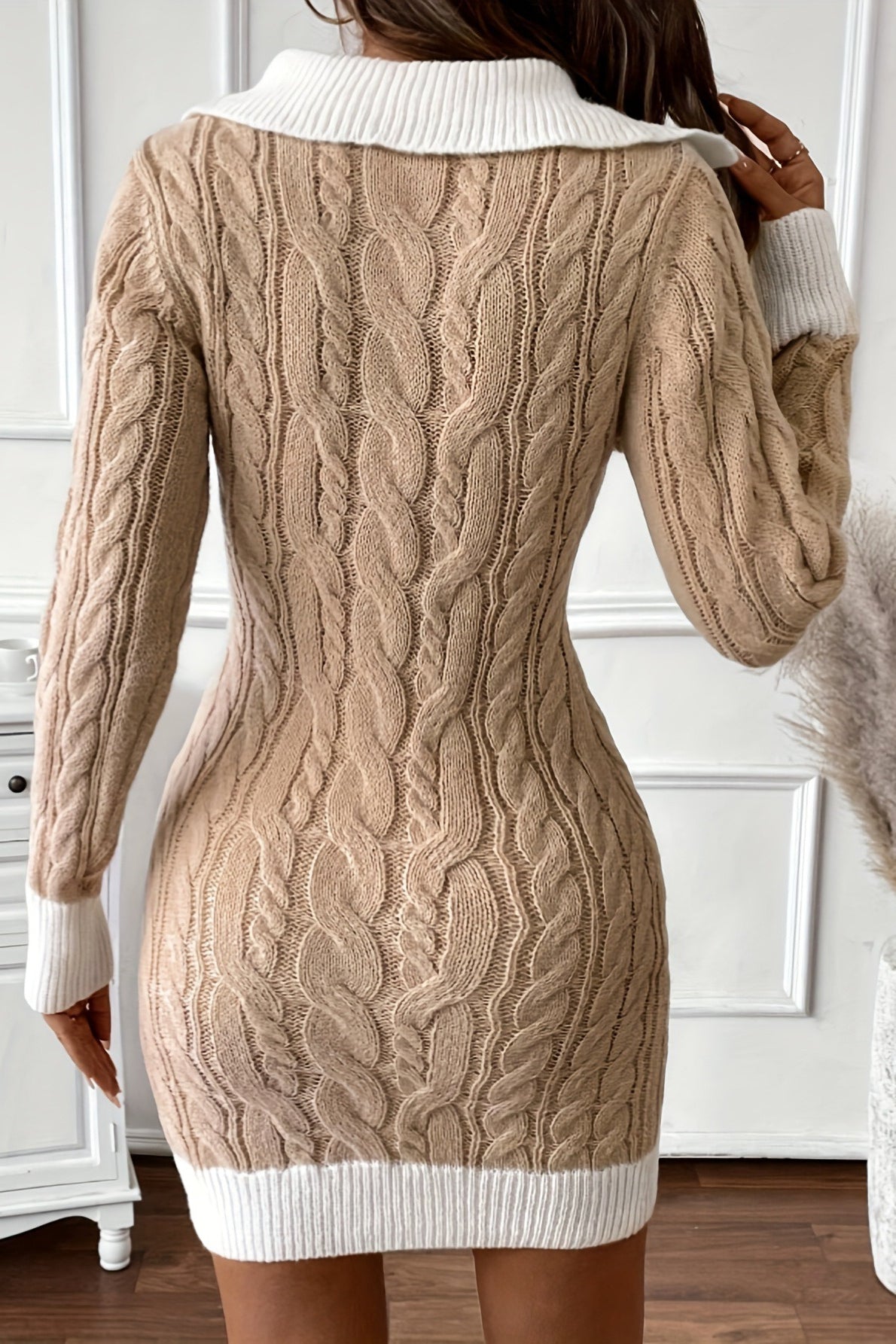 Cable Knit Collared V-Neck Long Sleeve Contrast Trim Bodycon Mini Sweater Dress 6