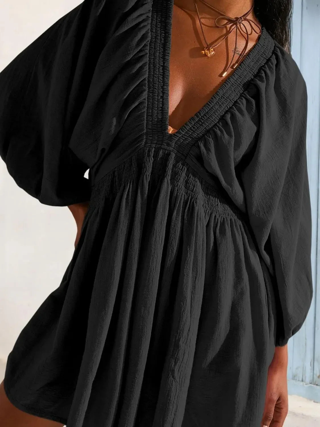 Textured Deep V-Neck Balloon Sleeve Smocked Waist Swing Mini Dress 3
