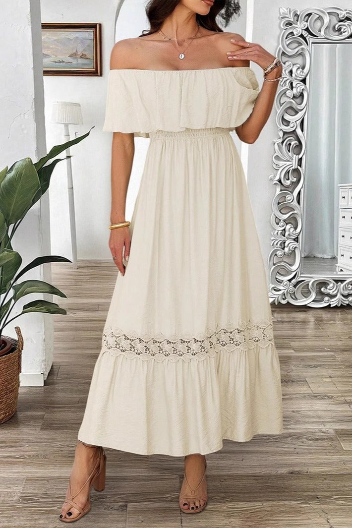 Casual Off Shoulder Waist Cinched Boho Dress