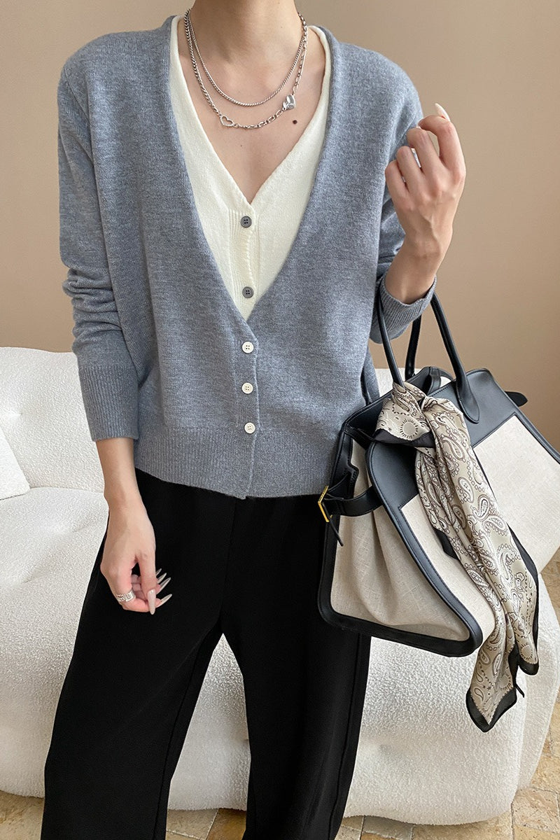 V-Neck Long Sleeve Two Tone Layered Look Button Front Knit Cardigan 21