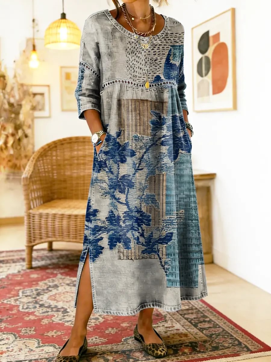 Floral Print Long Sleeve Side Slit Pocket Maxi Dress