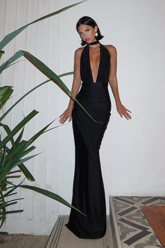 Halter Neck Deep V-Neck Ruched High Split Backless Maxi Dress