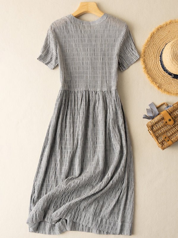 Pinstripe Print Round Neck Button Front Short Sleeve Gathered Waist Flared Midi Dress