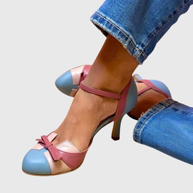 Round Toe Ankle Strap Bow Stiletto Heel Pumps