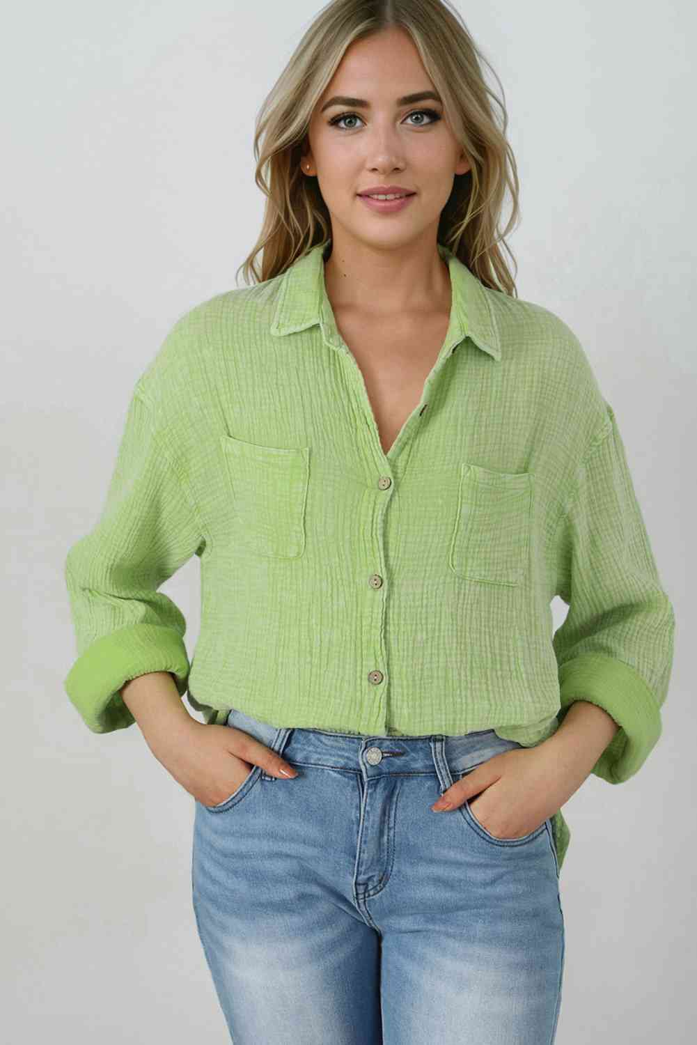 Textured Crinkle Collared Button Front Long Sleeve Chest Pocket Shirt 18