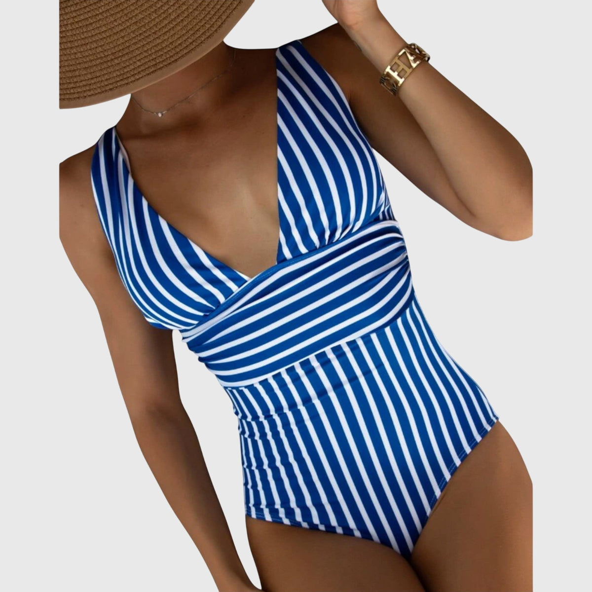 Striped Deep V-Neck Ruched One Piece Swimsuit