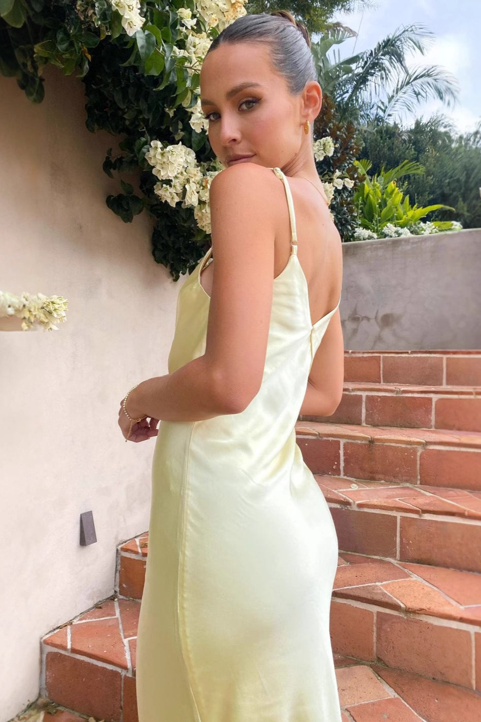 Satin Deep V-Neck Spaghetti Strap Bias Cut Slip Maxi Gown