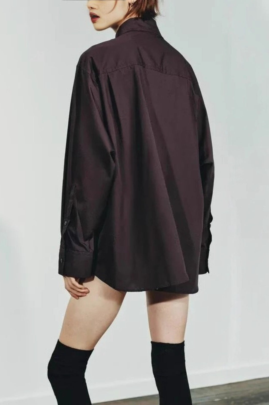 Tie Neck Button Front Puff Sleeve Oversized Longline Shirt 3