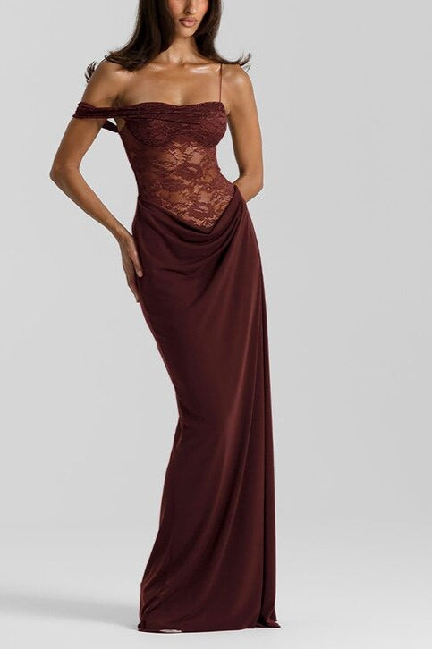 Sheer Lace Bodice Asymmetric Strap Draped Bodycon Maxi Dress 5