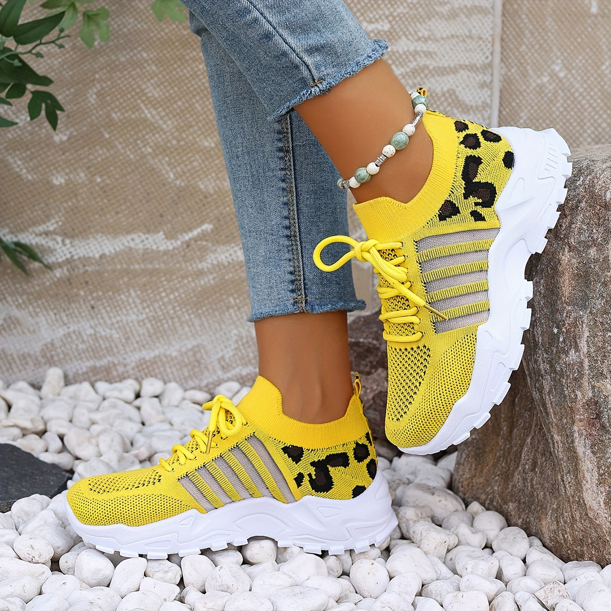 Lace Up Leopard Print Knit Chunky Sneakers