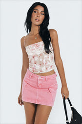 Low-Rise Pleated Denim Mini Skort