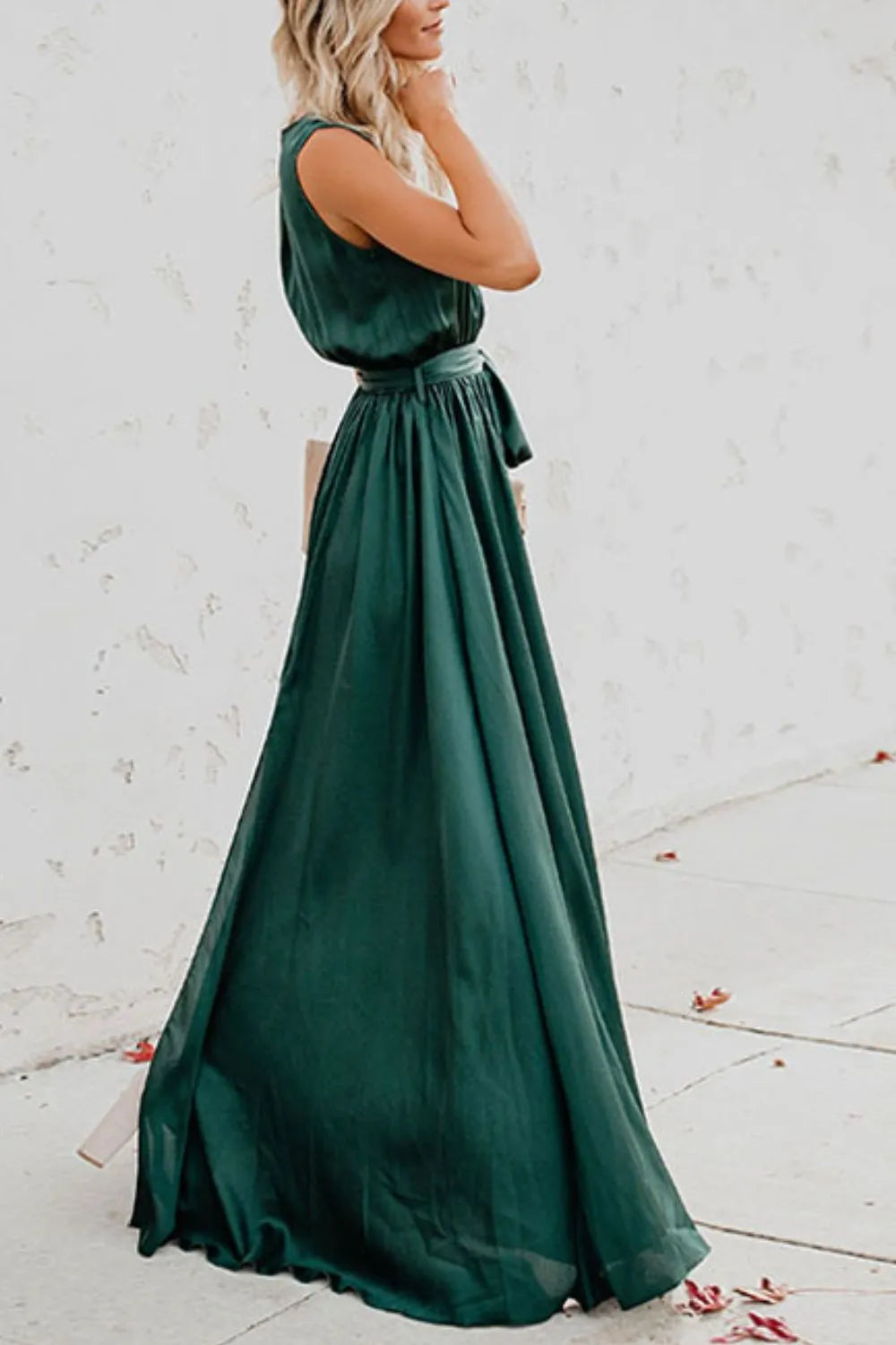 Satin Surplice V-Neck Sleeveless Tie Waist High Split Maxi Dress 16