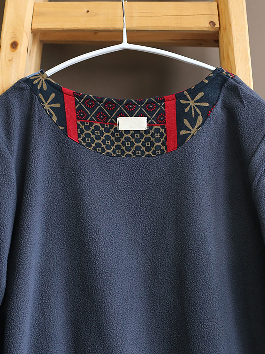 Folk Patchwork Print Long Sleeve Contrast Cuff Crew Neck Maxi Dress