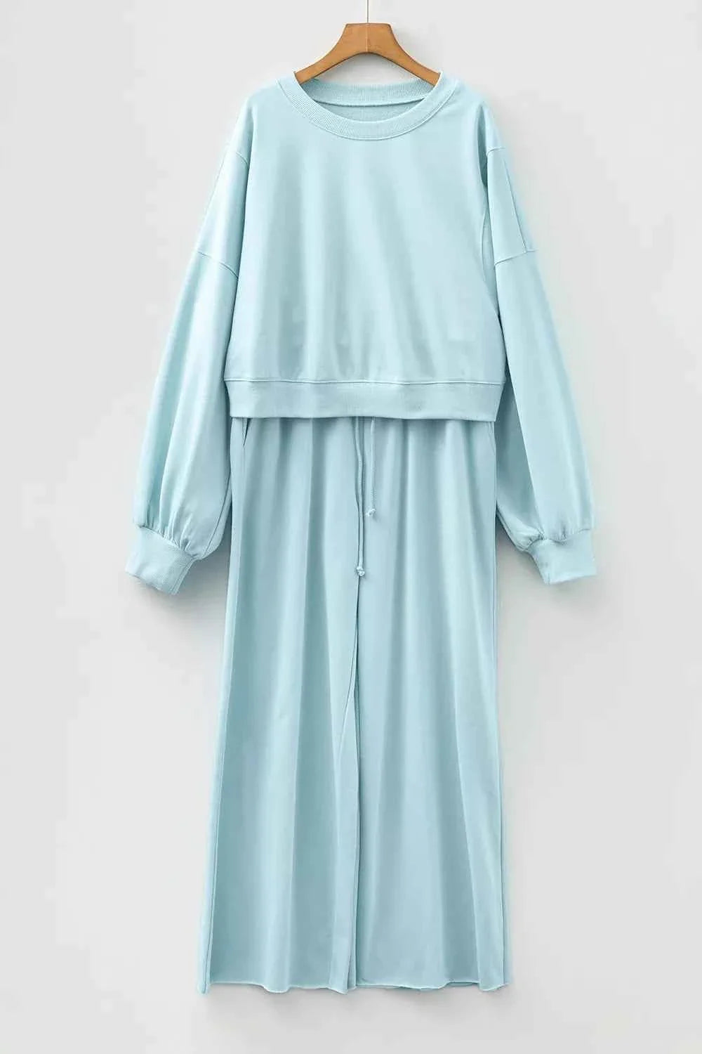 Drop Shoulder Puff Sleeve Crop Pullover Drawstring Wide Leg Pants Set