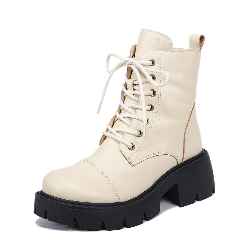 Genuine Leather Boots Lace-Up Combat Boots Retro Chunky Ankle Boots