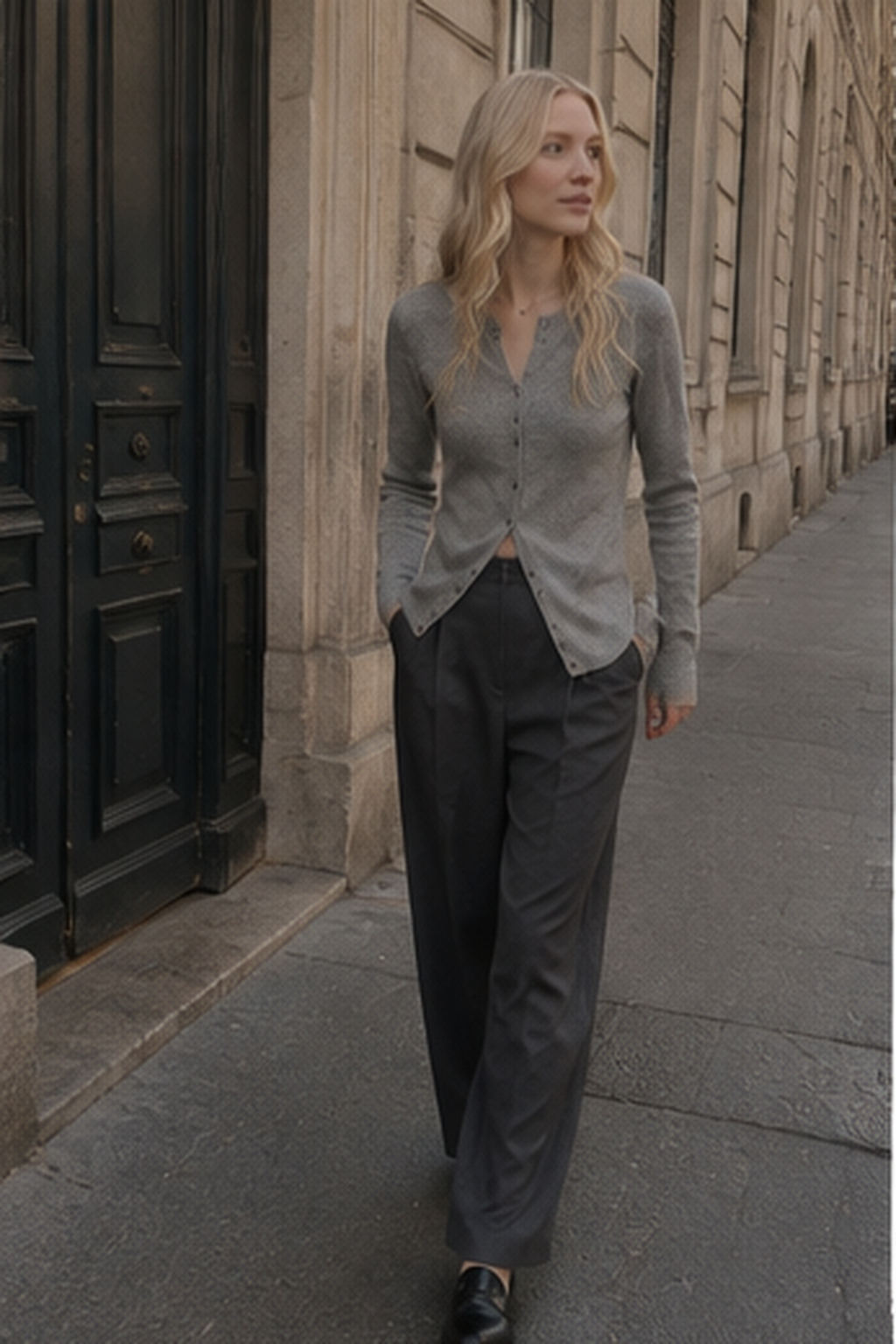V-Neck Long Sleeve Button Front Textured Knit Fitted Cardigan