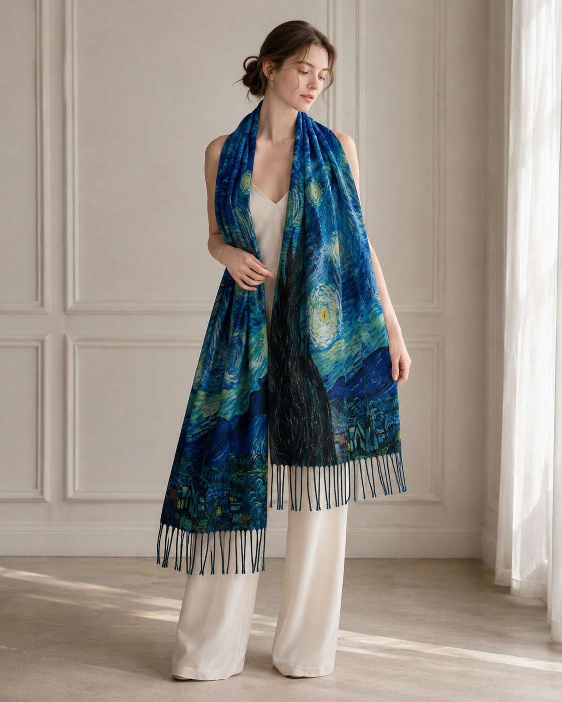 Vintage Van Gogh Print Fringe Wrap Scarf