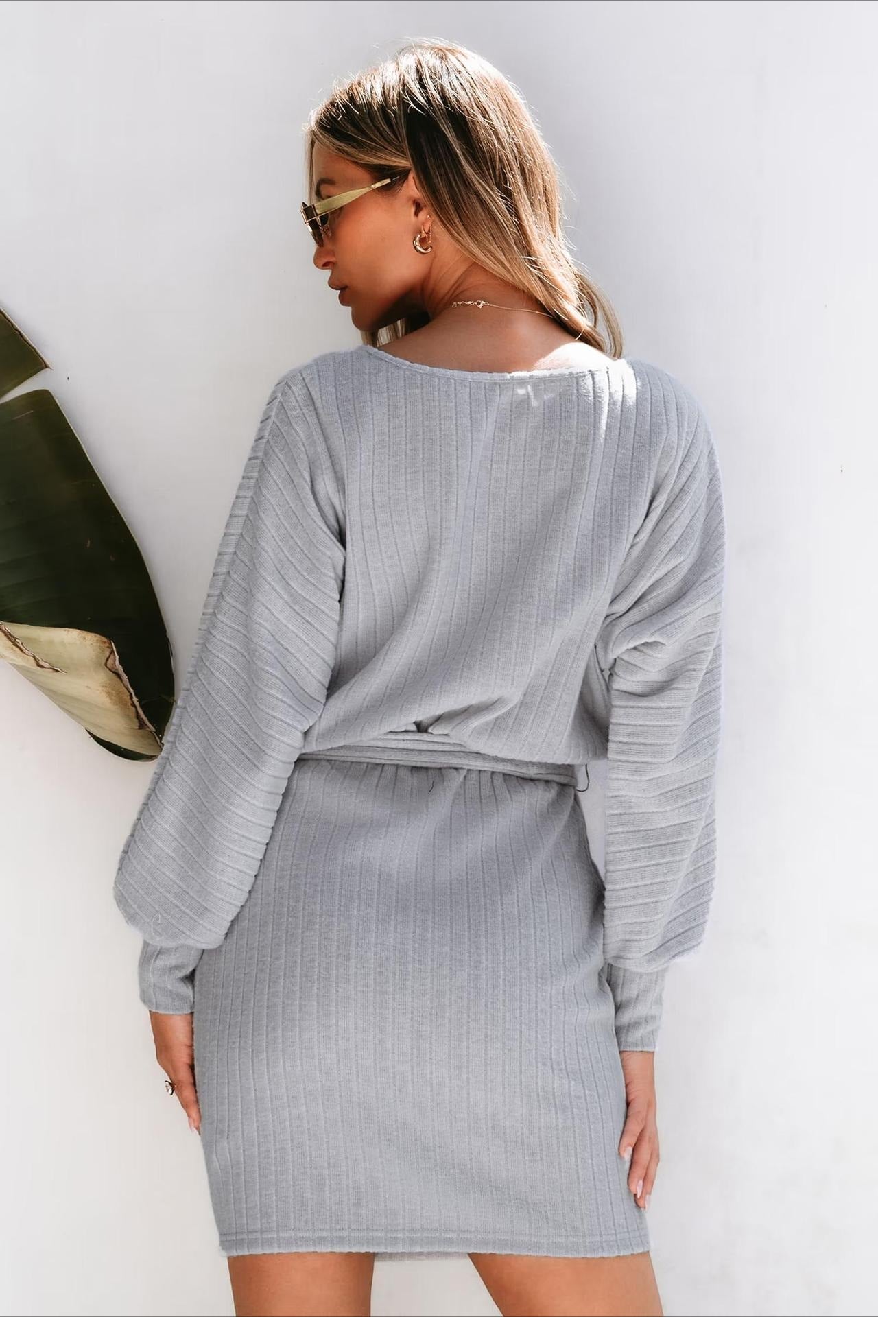 Ribbed Knit Belted Sweater Dress