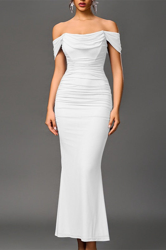 Off Shoulder Ruched Mesh Draped Neck Bodycon Maxi Dress 6