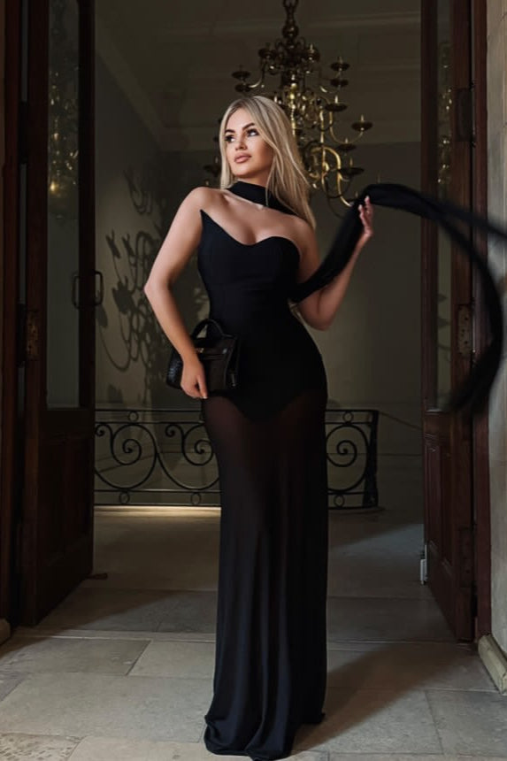 Strapless Sweetheart Neck Sheer Mesh Skirt Bodycon Maxi Dress